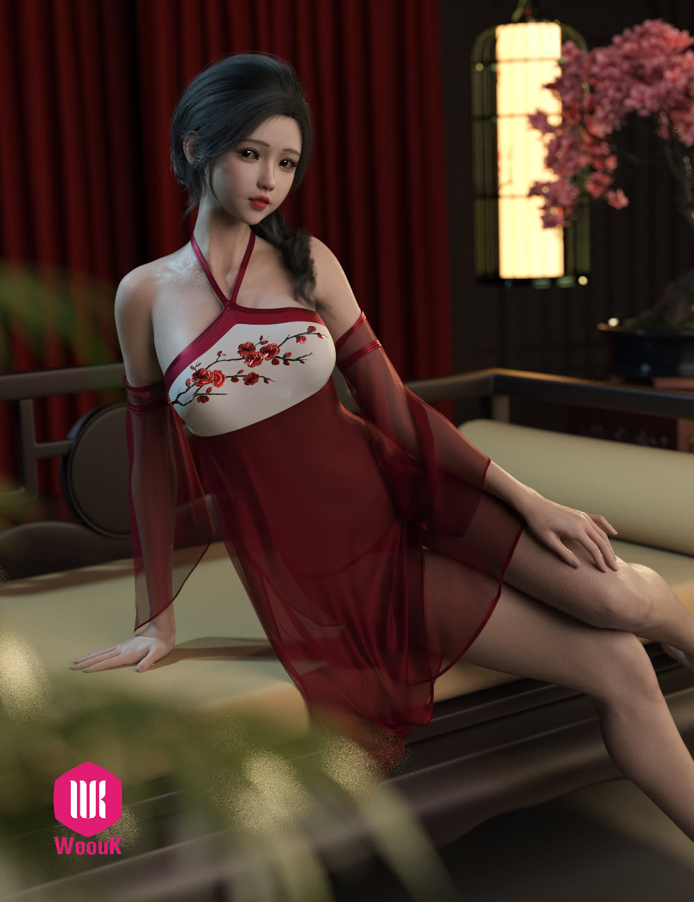 Elegant woman in red floral gown with pink blossoms in an Asian-inspired, serene interior setting.