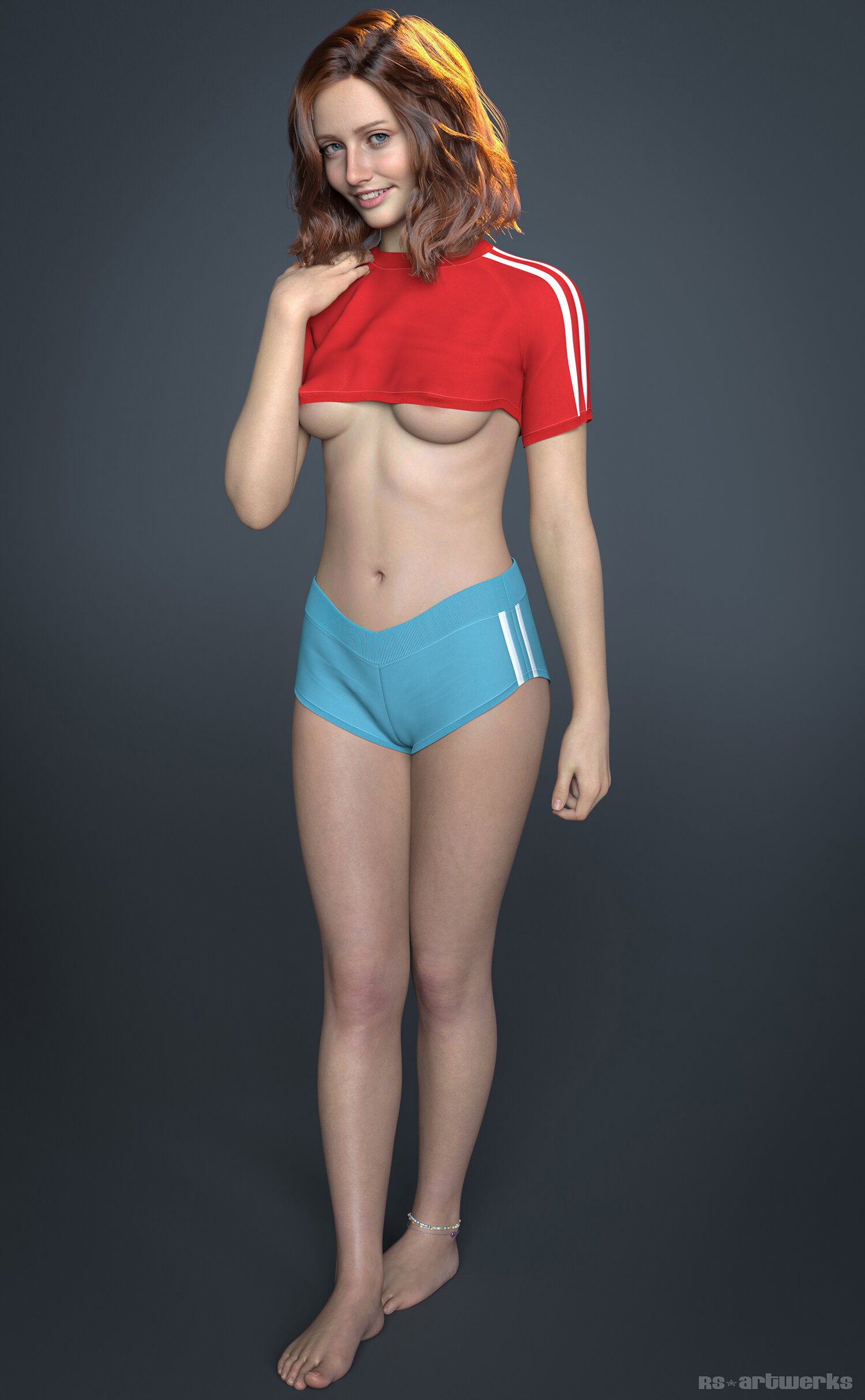 Lifelike 3D athletic woman in red crop top and blue shorts with confident, relaxed pose.