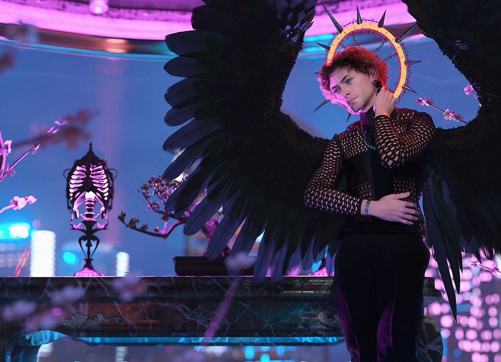 Futuristic angel with dark wings, glowing neon halo, in a surreal cityscape blending technology and spirituality.
