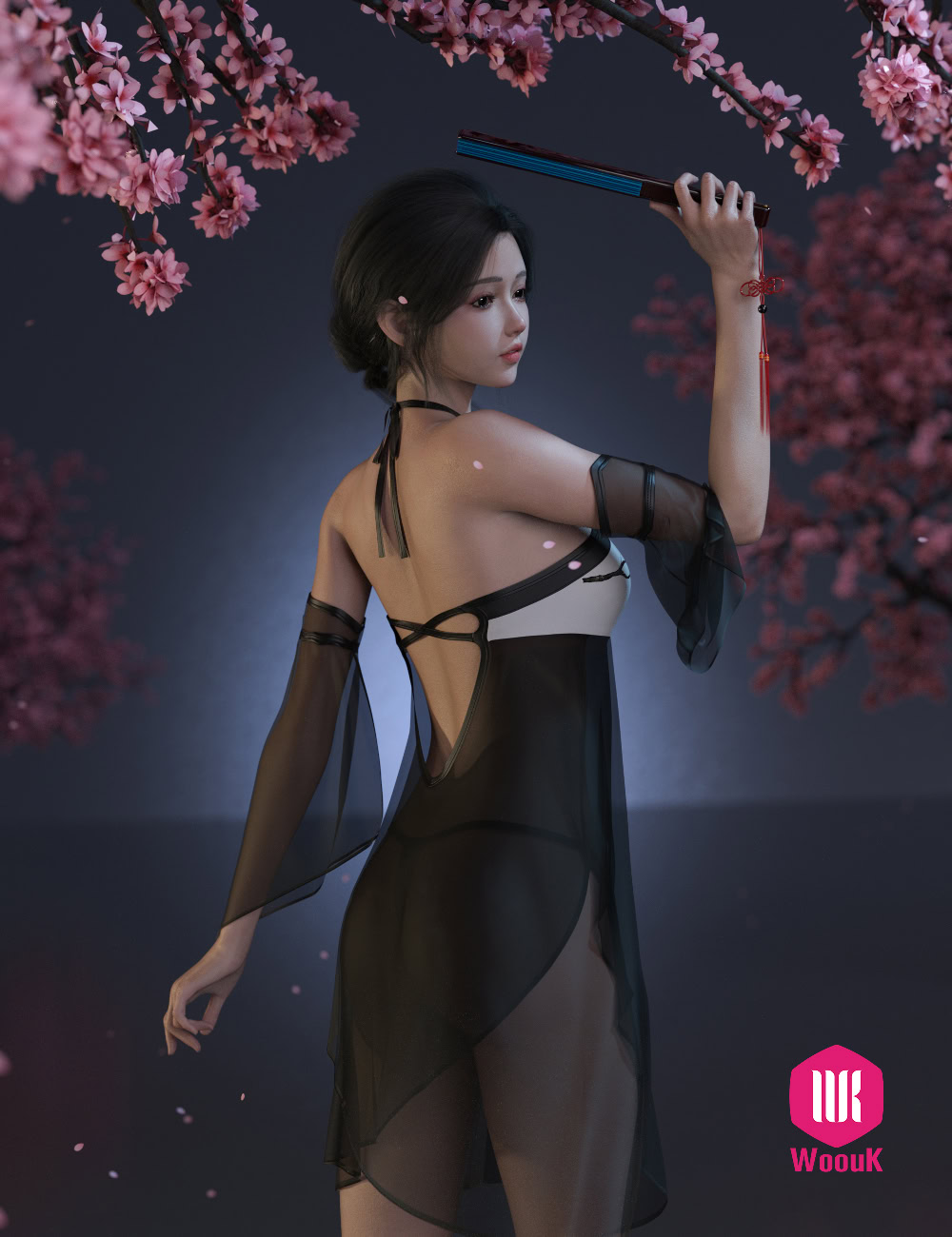 Elegant woman beneath cherry blossoms in sheer black nightgown, soft lighting, romantic serene scene.