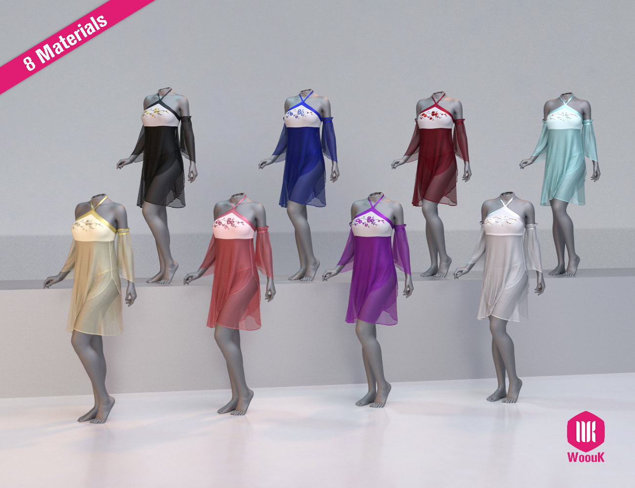 Digital display of eight colorful, semi-transparent elegant dresses on mannequins for fashion marketing.