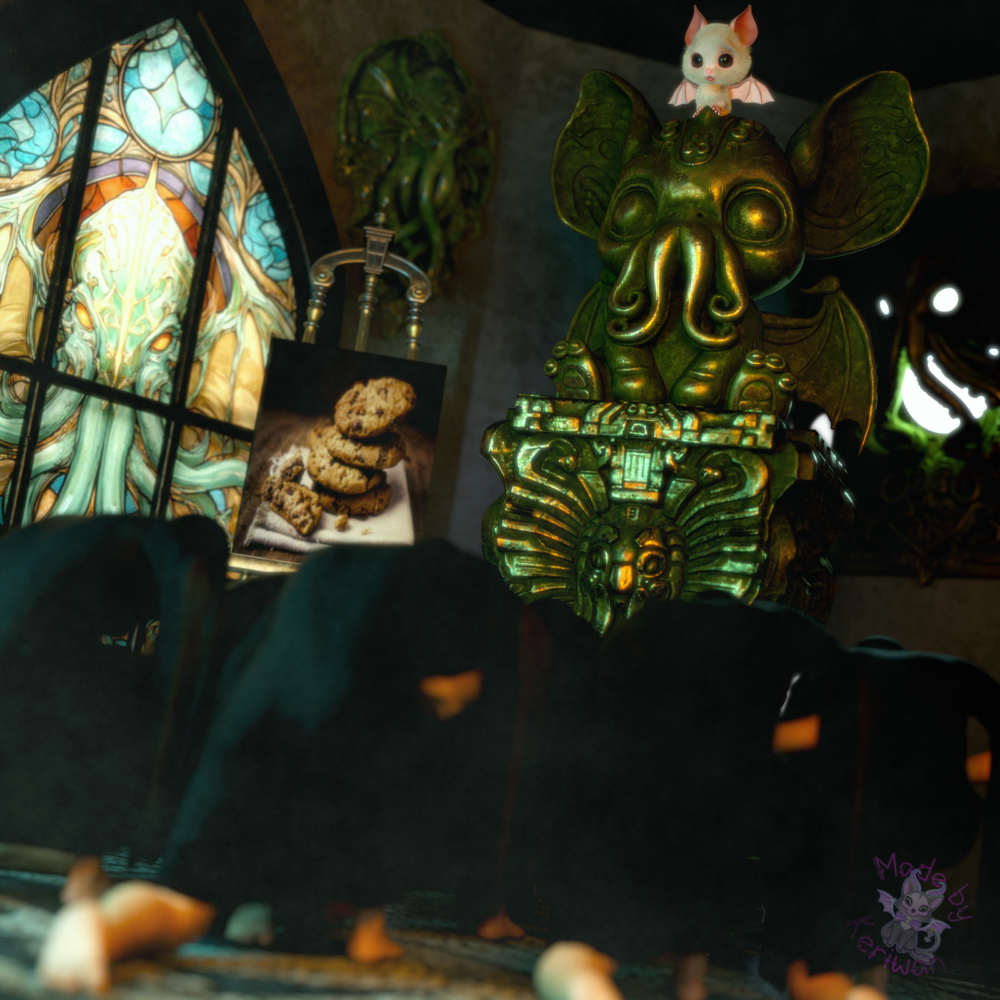 Humorous Lovecraftian parody featuring cookie worship, glowing Cthulhu statue, and whimsical sacred imagery.