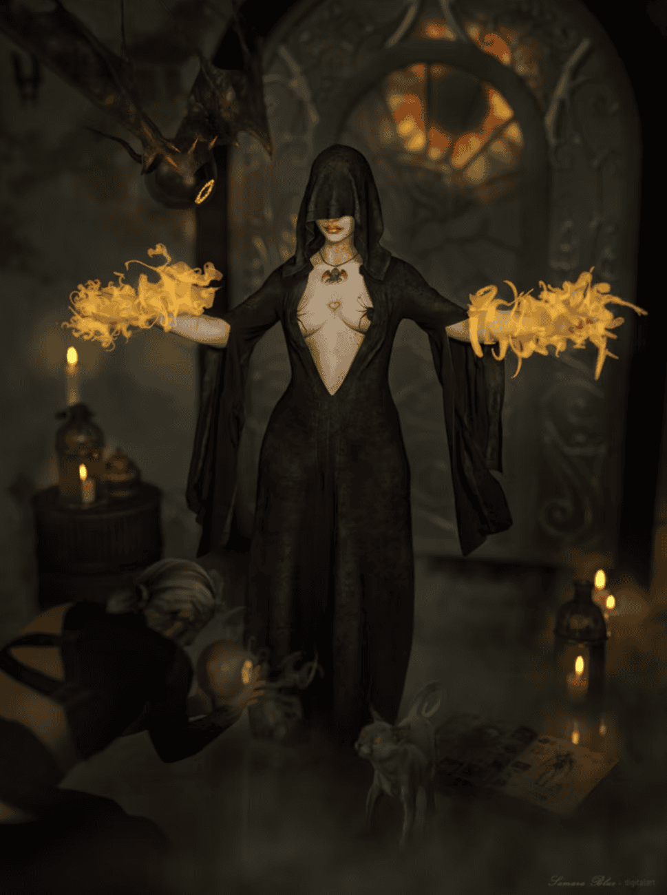 Dark cult ritual scene with fiery magic, gothic backdrop, and mystical atmosphere.