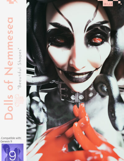 Dark gothic Medusa 3D model with porcelain skin, snake hair, red hands, for fantasy digital art.