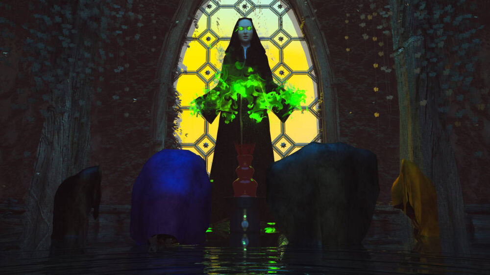 Ancient cathedral scene with dark magic, glowing green eyes, and kneeling submissive figures.