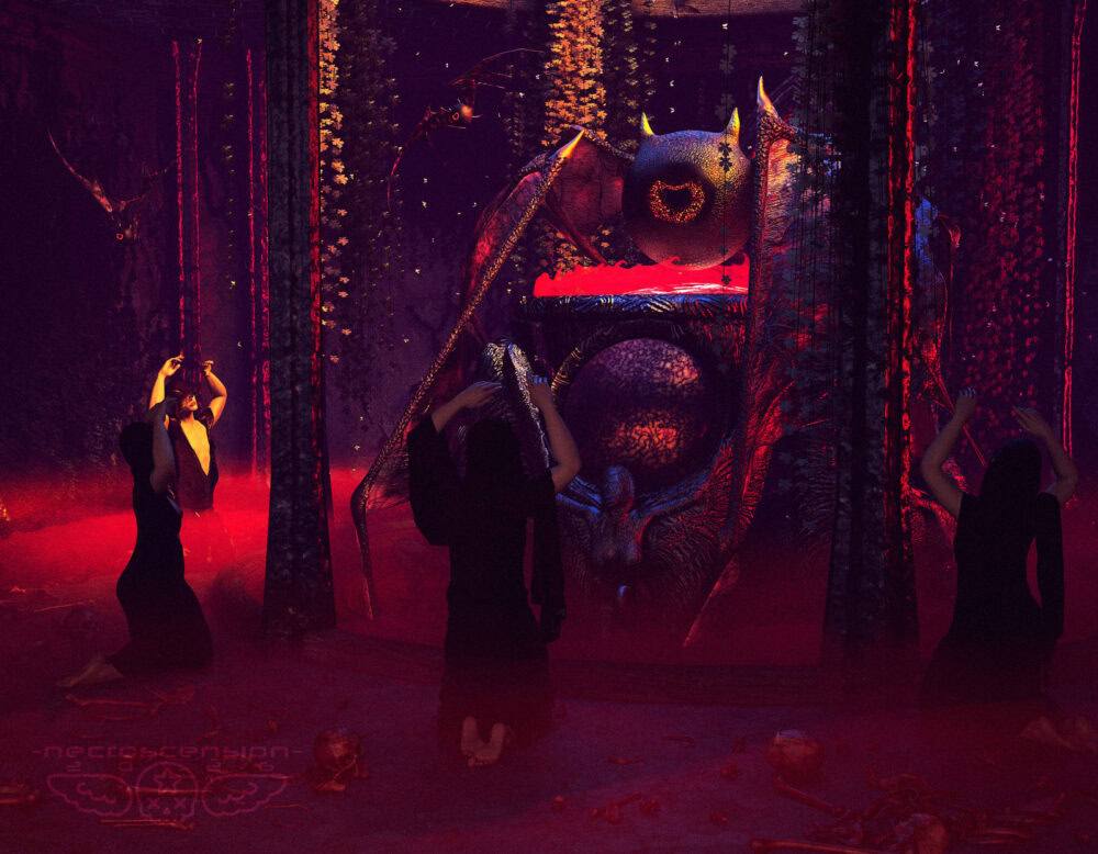 Dark ritual scene featuring cultists worshiping a massive demonic insect creature in a surreal, ominous setting.