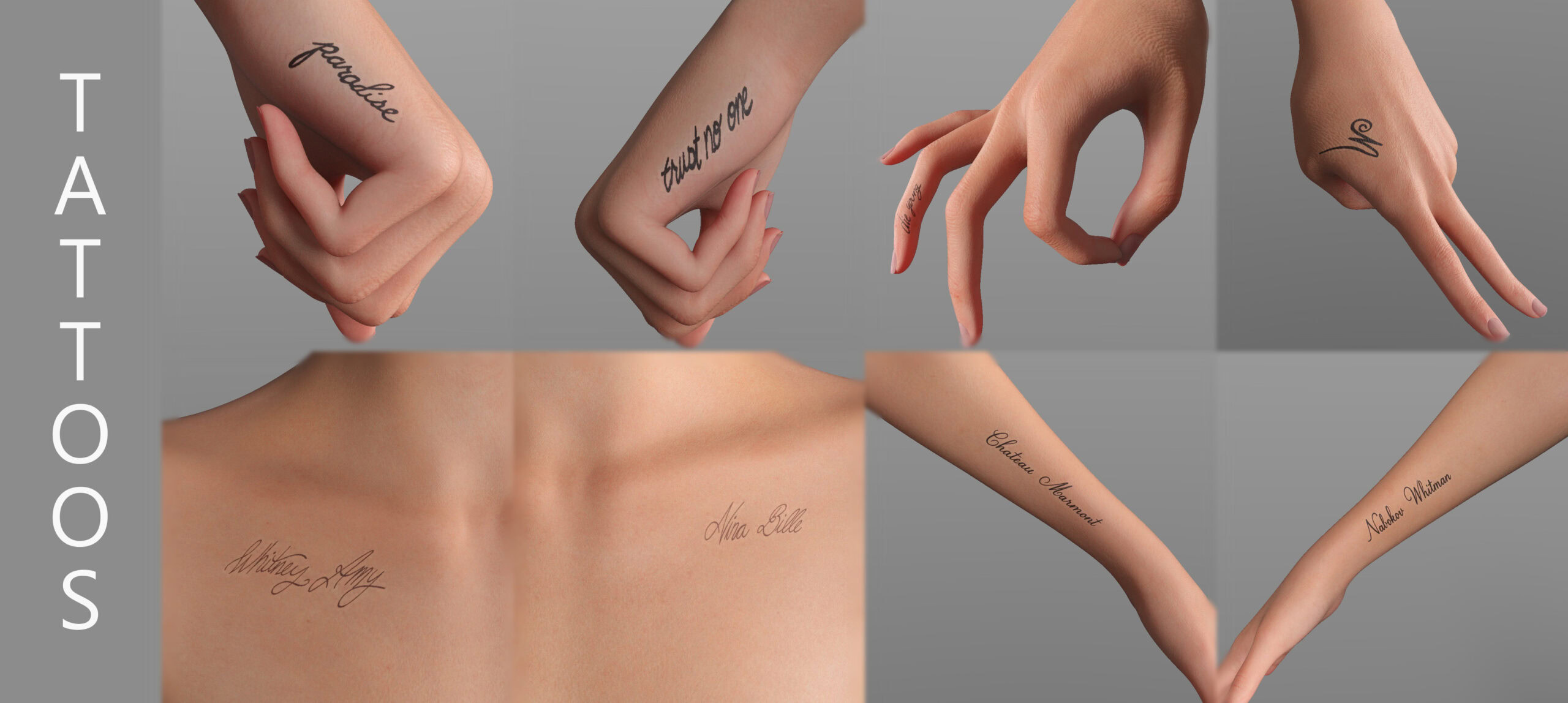 Minimalist cursive tattoos on hands, wrists, and back showcasing elegant, meaningful body art.