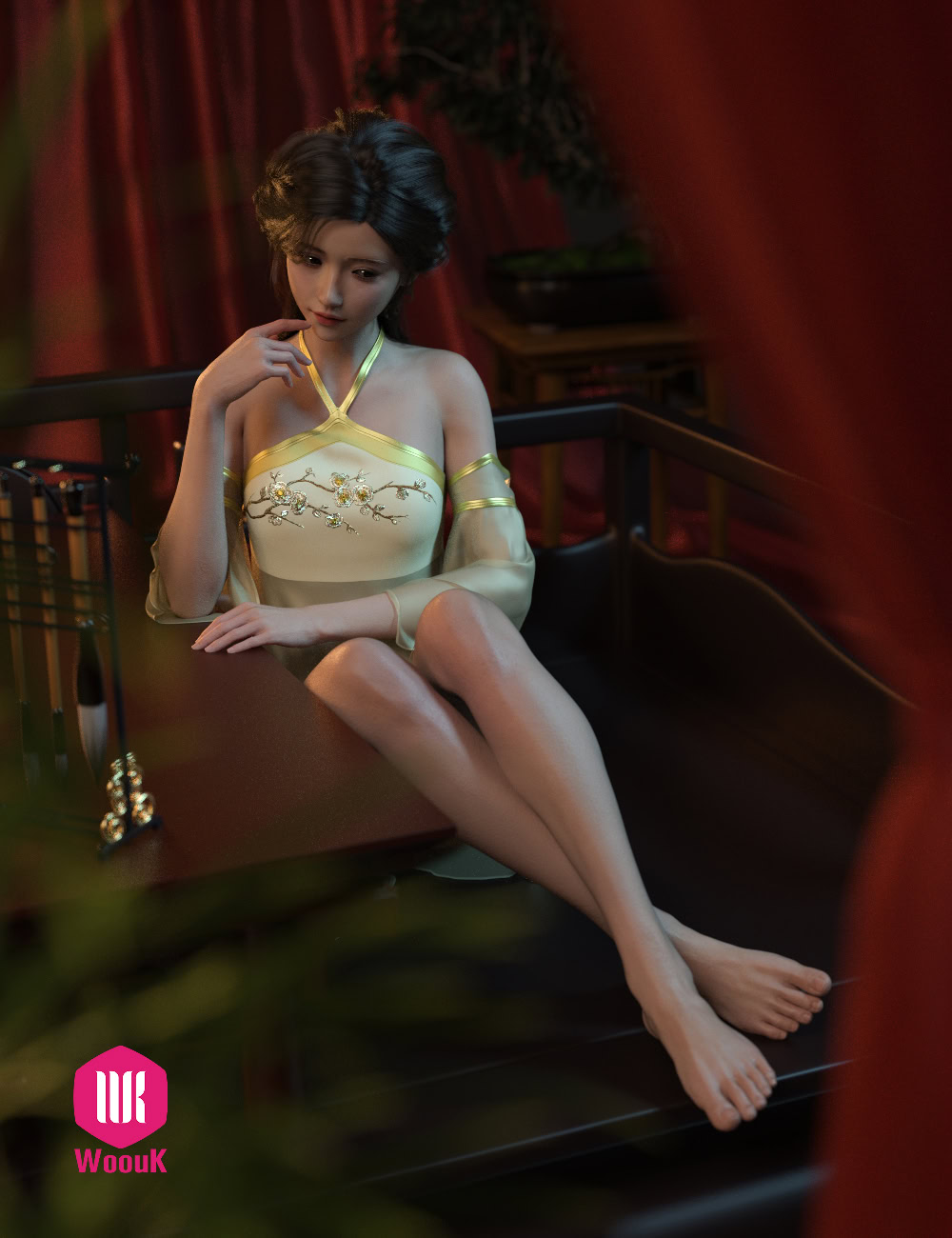 Lifelike Asian-inspired doll on dark wooden lounge with embroidered yellow attire and warm, elegant ambiance.