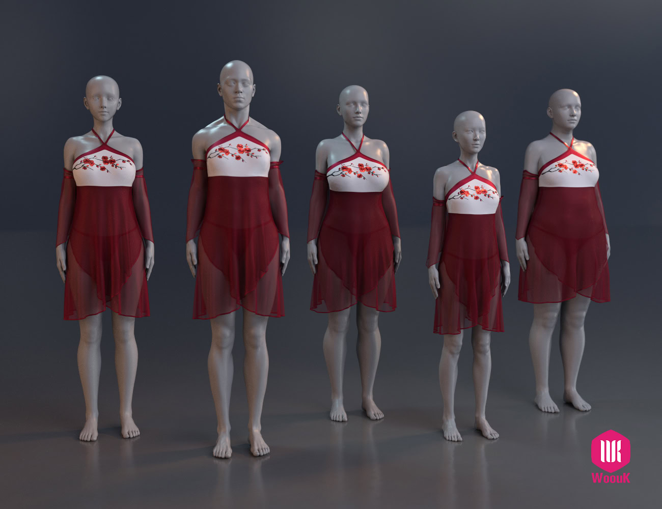 Digital mannequins display a floral dress with semi-transparent red skirt in virtual fashion visualization.