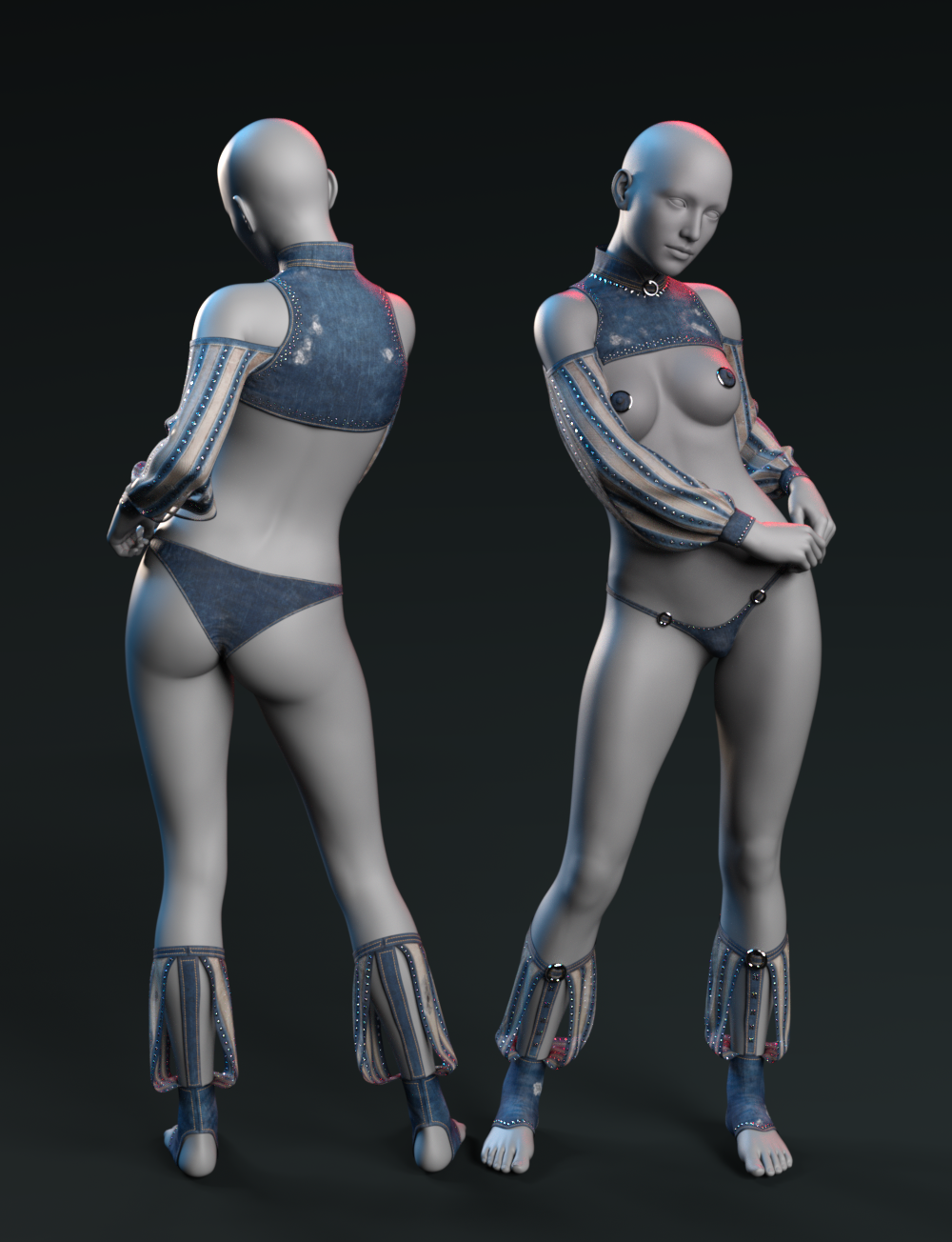 Futuristic denim-inspired 3D humanoid model with metallic accents and avant-garde fashion elements.
