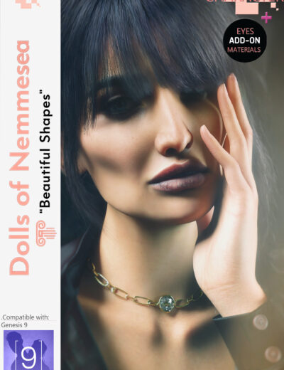 Realistic female 3D portrait with dark hair, luminous skin, and elegant jewelry.