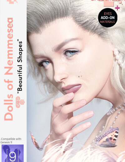Ethereal 3D female doll with porcelain skin, silvery hair, pastel eyes, and butterfly accents.