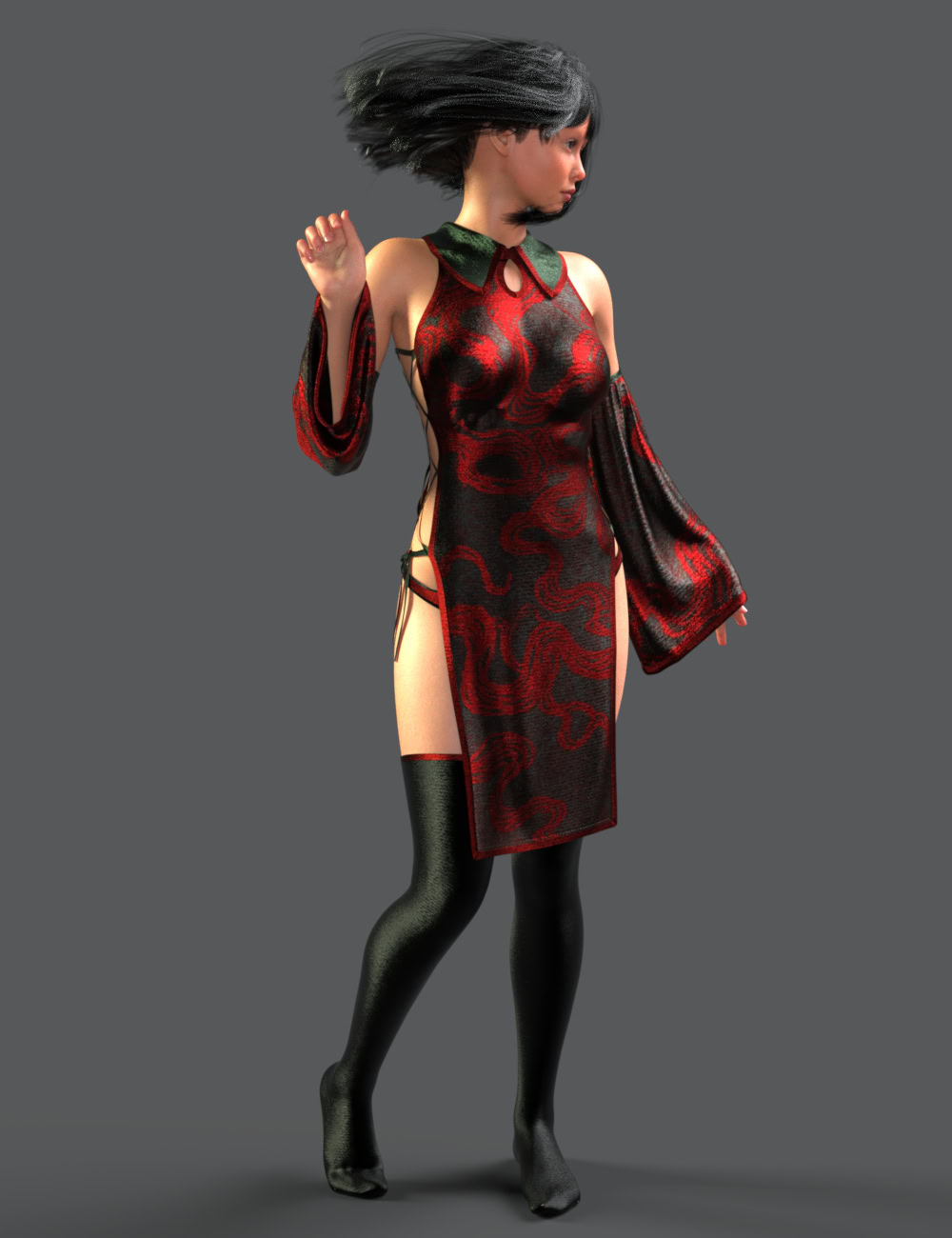 Modern Asian-inspired fashion digital artwork showcasing dynamic pose, high-collared dress, open sleeves, and cutouts.