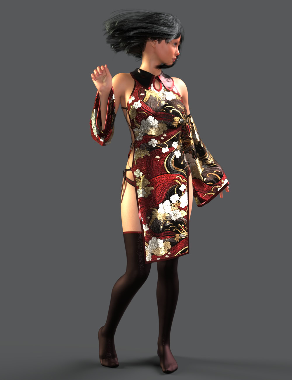 Elegant Asian dancer in modern red cheongsam with flowing hair and dynamic pose in motion.