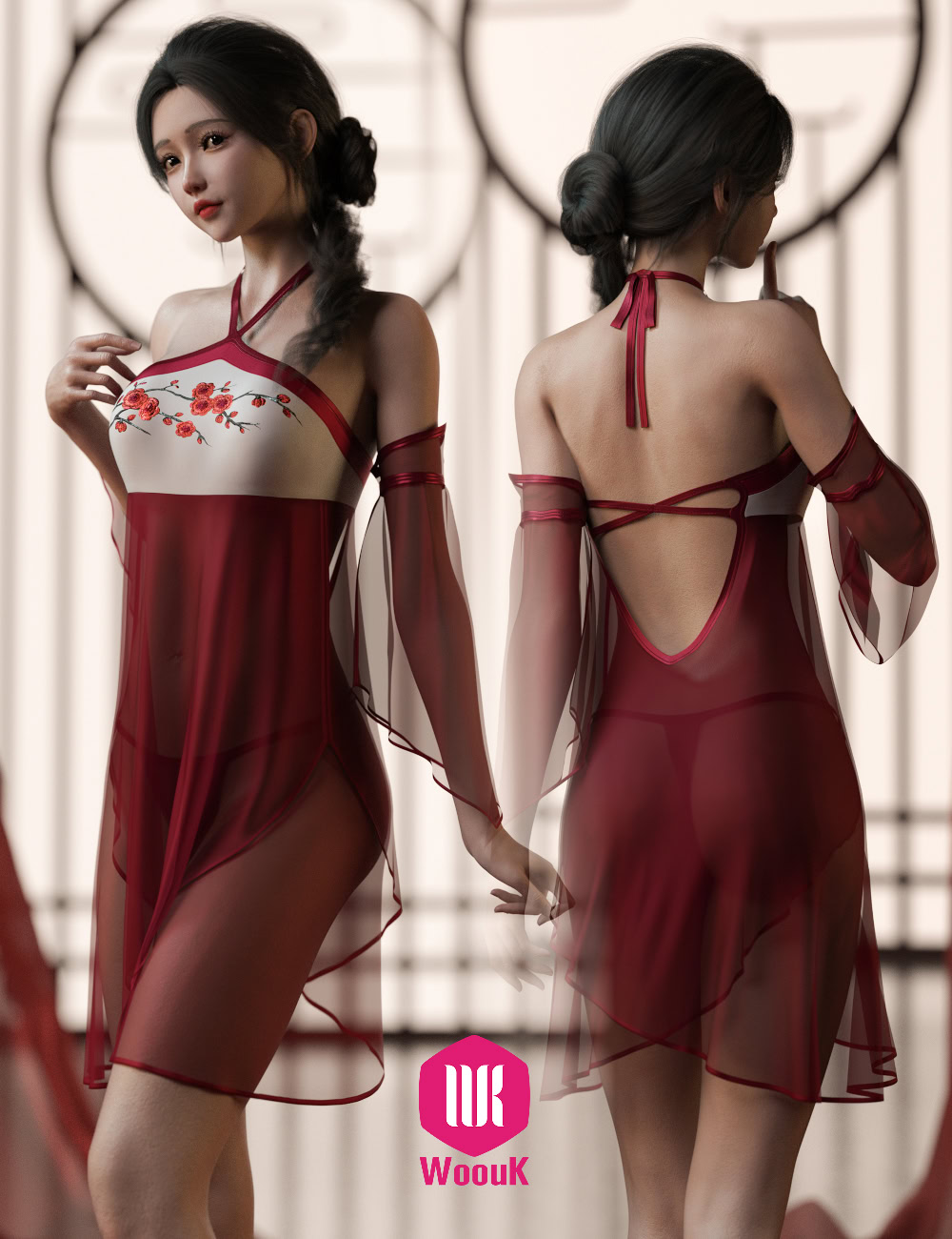 3D-rendered Asian-inspired sheer red dress with floral embroidery, delicate back straps, and elegant style.