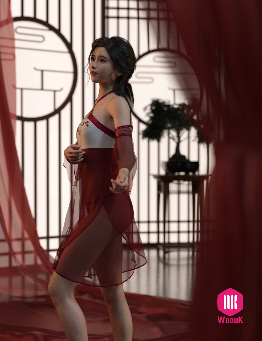 Elegant digital portrait of a woman in a red and white gown with Asian-inspired decor.