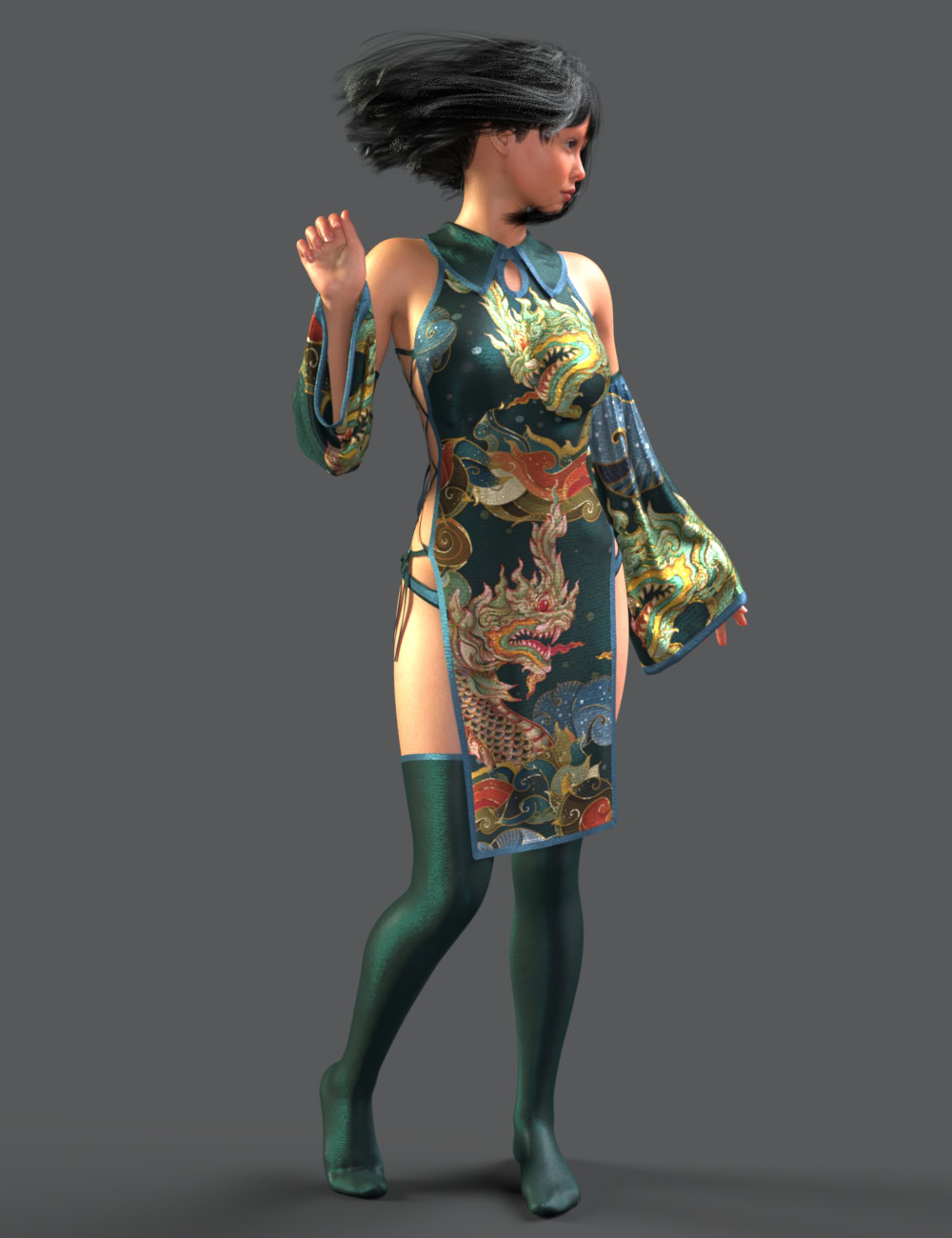 Stylish female in ornate Chinese-inspired cheongsam with dragons, dynamic pose, and elegant details.
