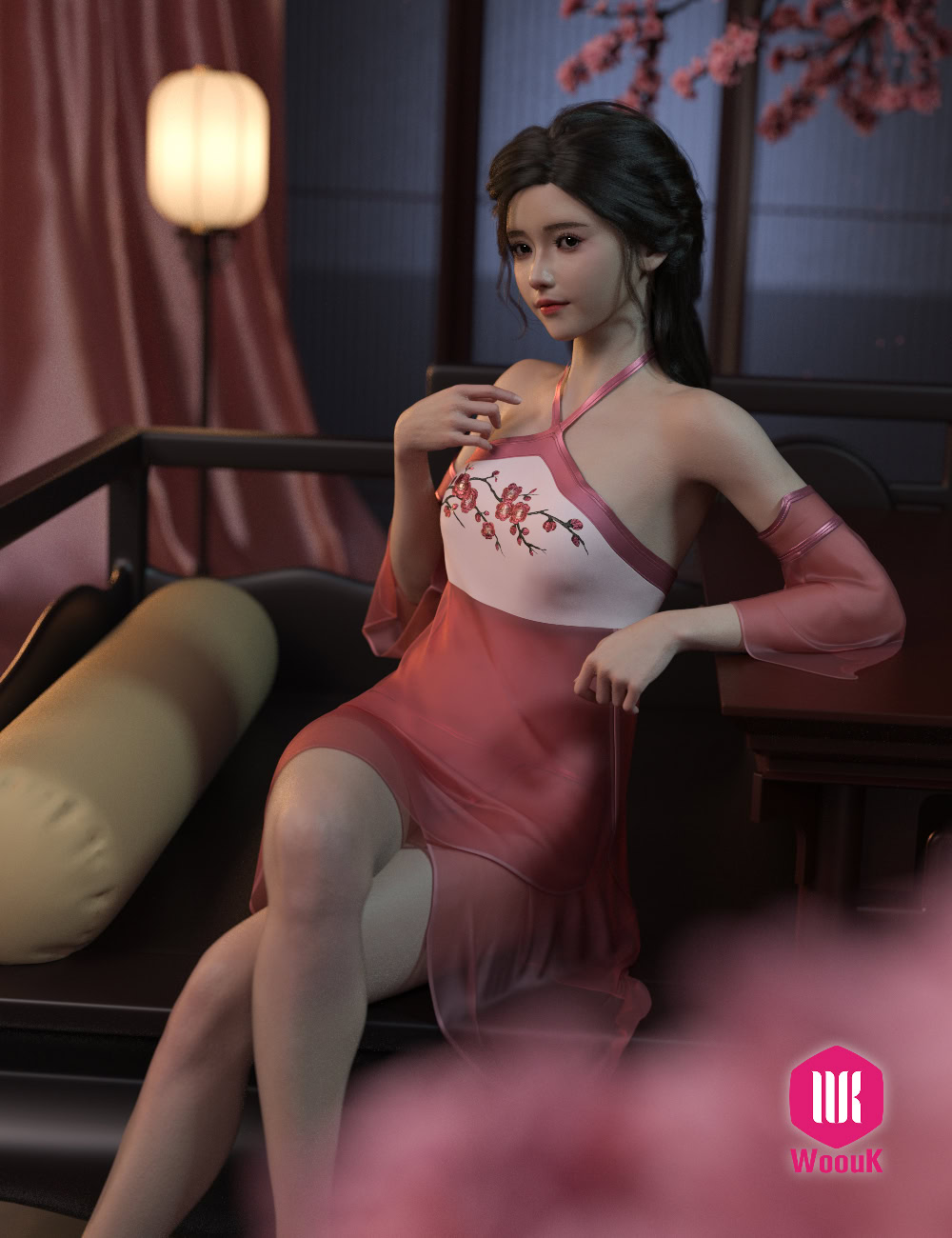 Lifelike doll in floral nightgown seated among cherry blossoms with soft, warm lighting and elegant decor.