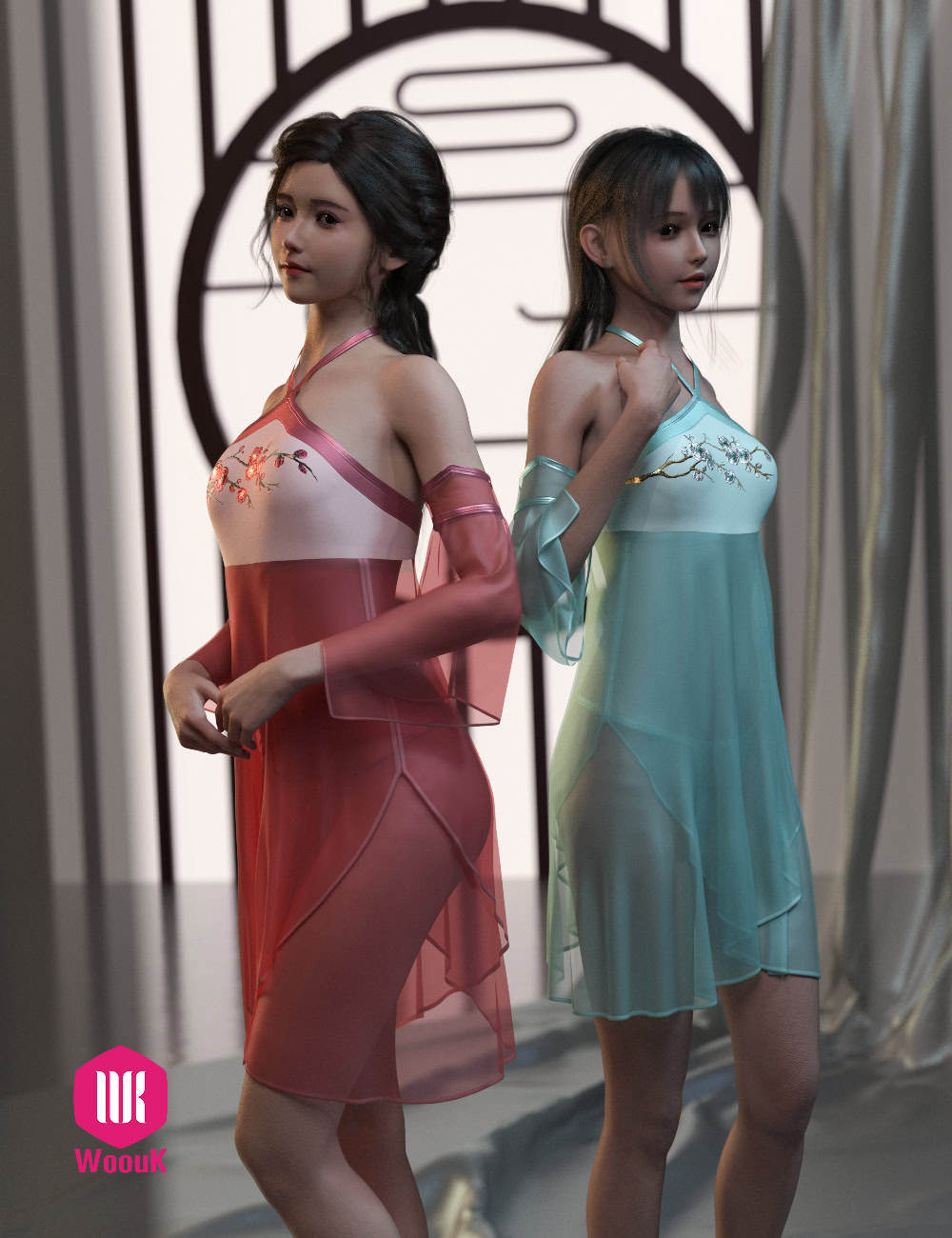 Serene women in modern East Asian-inspired semi-sheer dresses illuminated in elegant minimalistic setting.