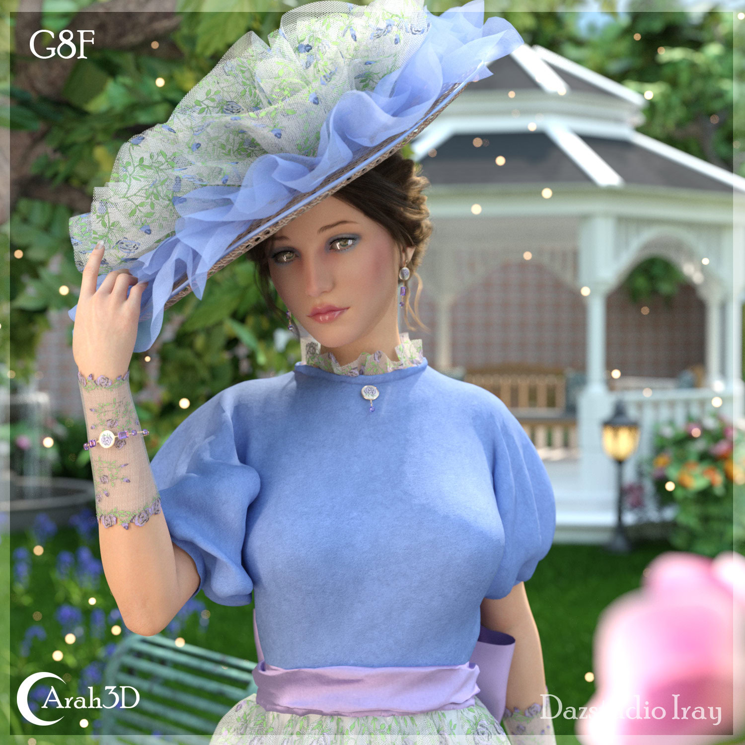 Vintage-inspired woman in lavender dress with an elaborate hat in a romantic garden setting.
