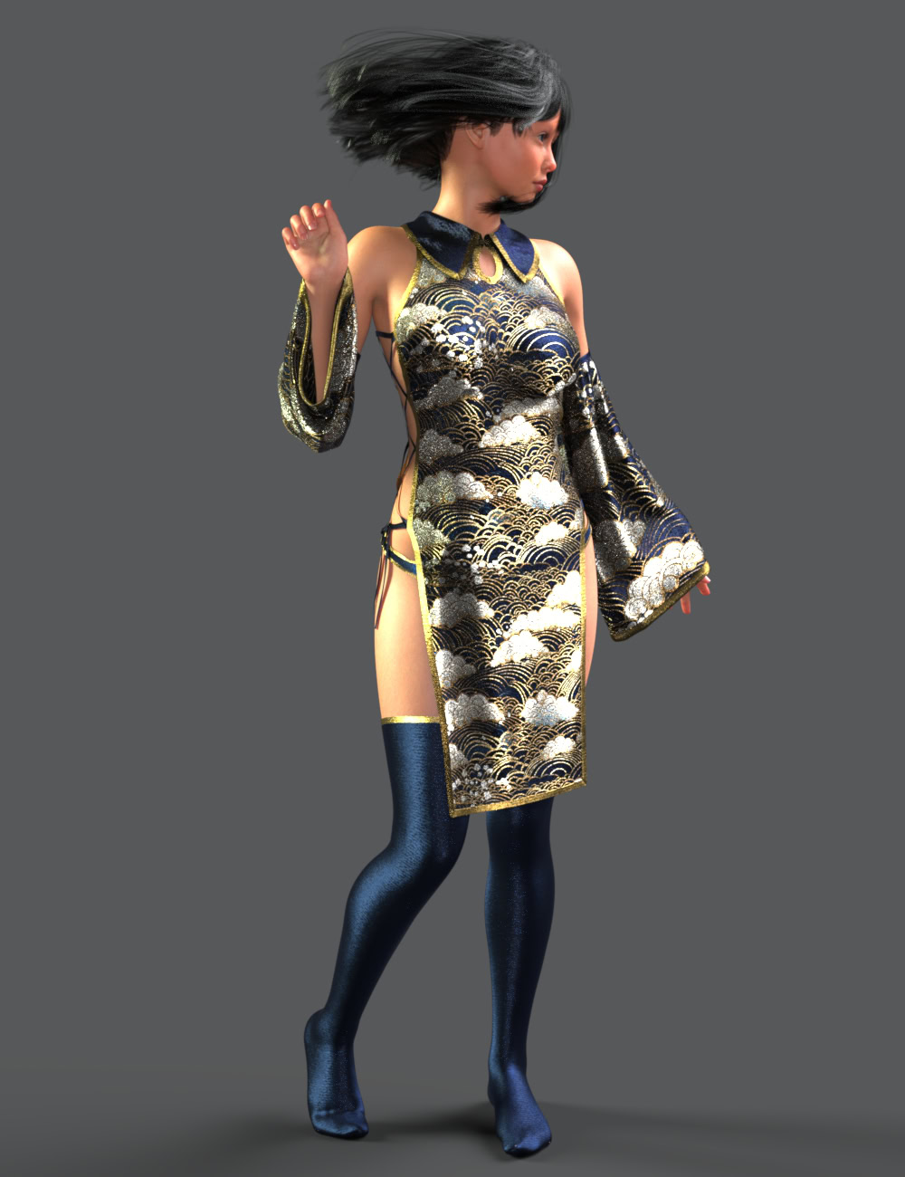 Futuristic woman in metallic qipao, dynamic pose, elegant fashion blending tradition and modern style.