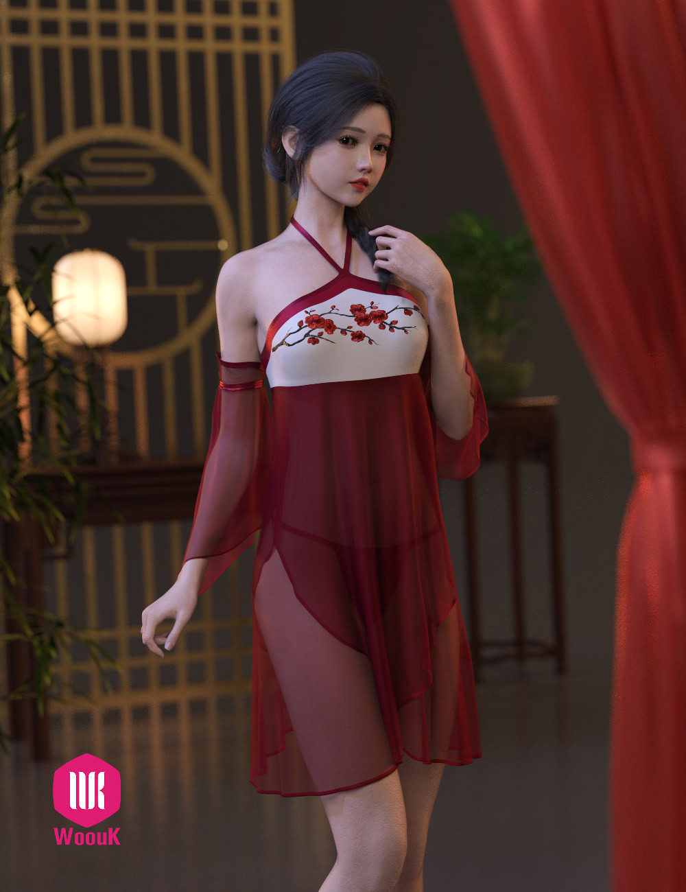 Elegant woman in red floral lingerie amidst cozy Asian-inspired decor with warm, tranquil lighting.
