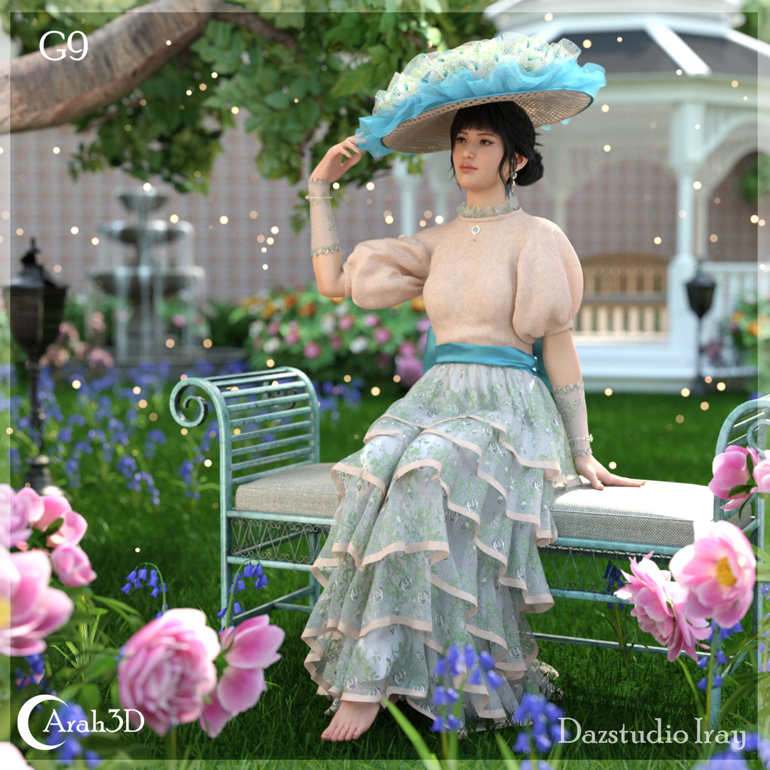 Vintage woman in pastel dress and wide-brim hat relaxing in romantic garden scene.