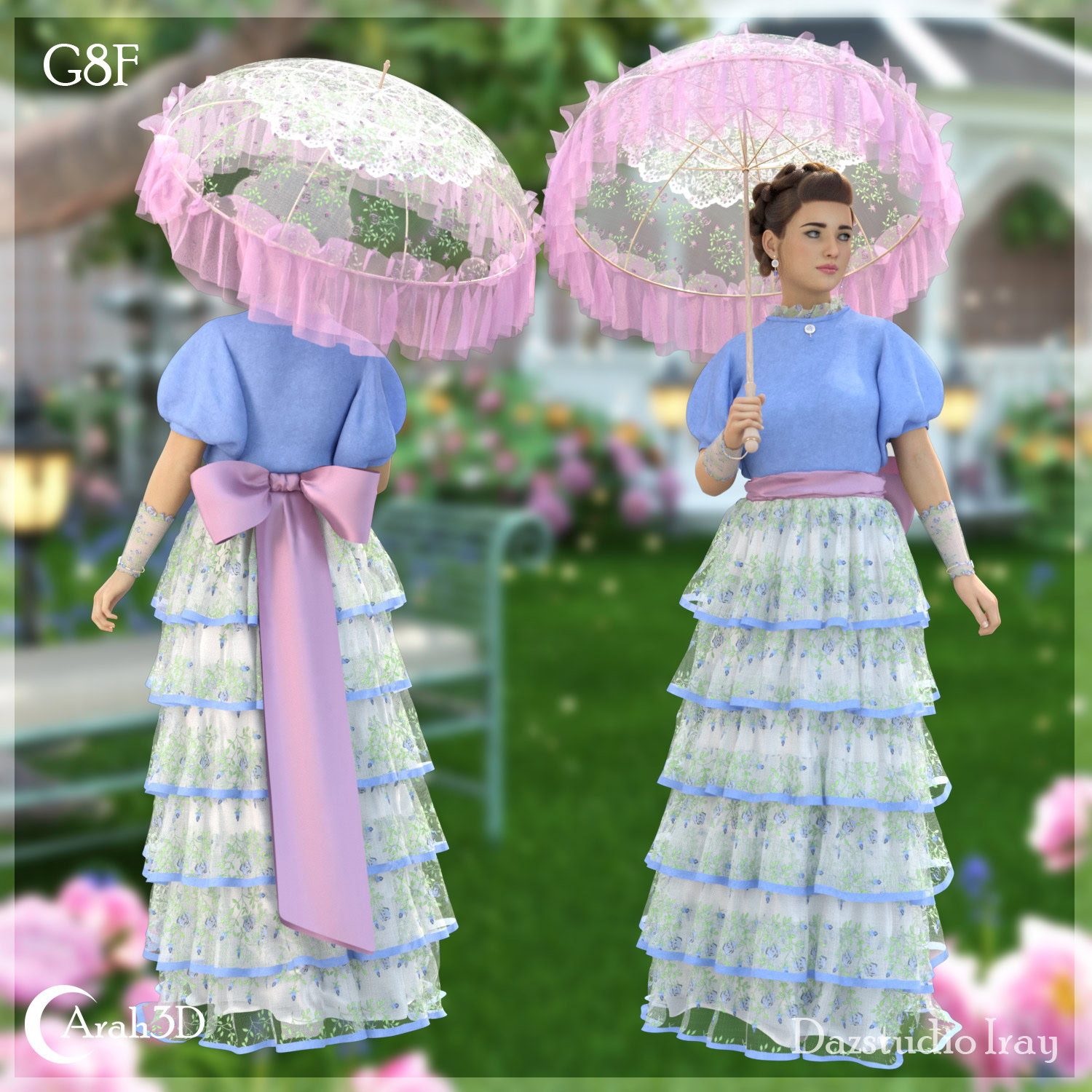 Vintage-inspired woman in pastel dress with lace parasol in romantic garden setting.