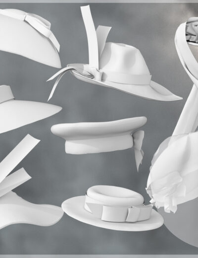 Elegant white hat collection with vintage, modern, and ceremonial styles on soft gray background.