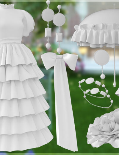 Elegant vintage white dress with parasol, jewelry, gloves, and floral hairpiece for outdoor events.
