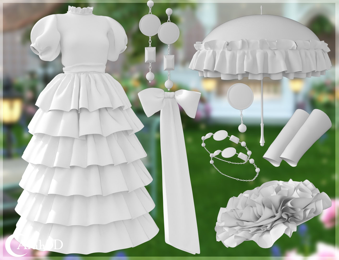 Elegant vintage white dress with parasol, jewelry, gloves, and floral hairpiece for outdoor events.