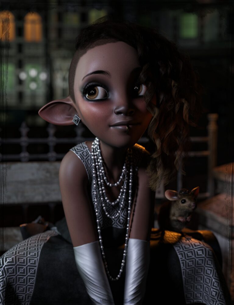 Stylized elf girl with crown-adorned mouse in a magical moonlit garden scene.