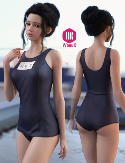 3D woman in navy swimsuit with natural outdoor setting and realistic detailing, front and back views.