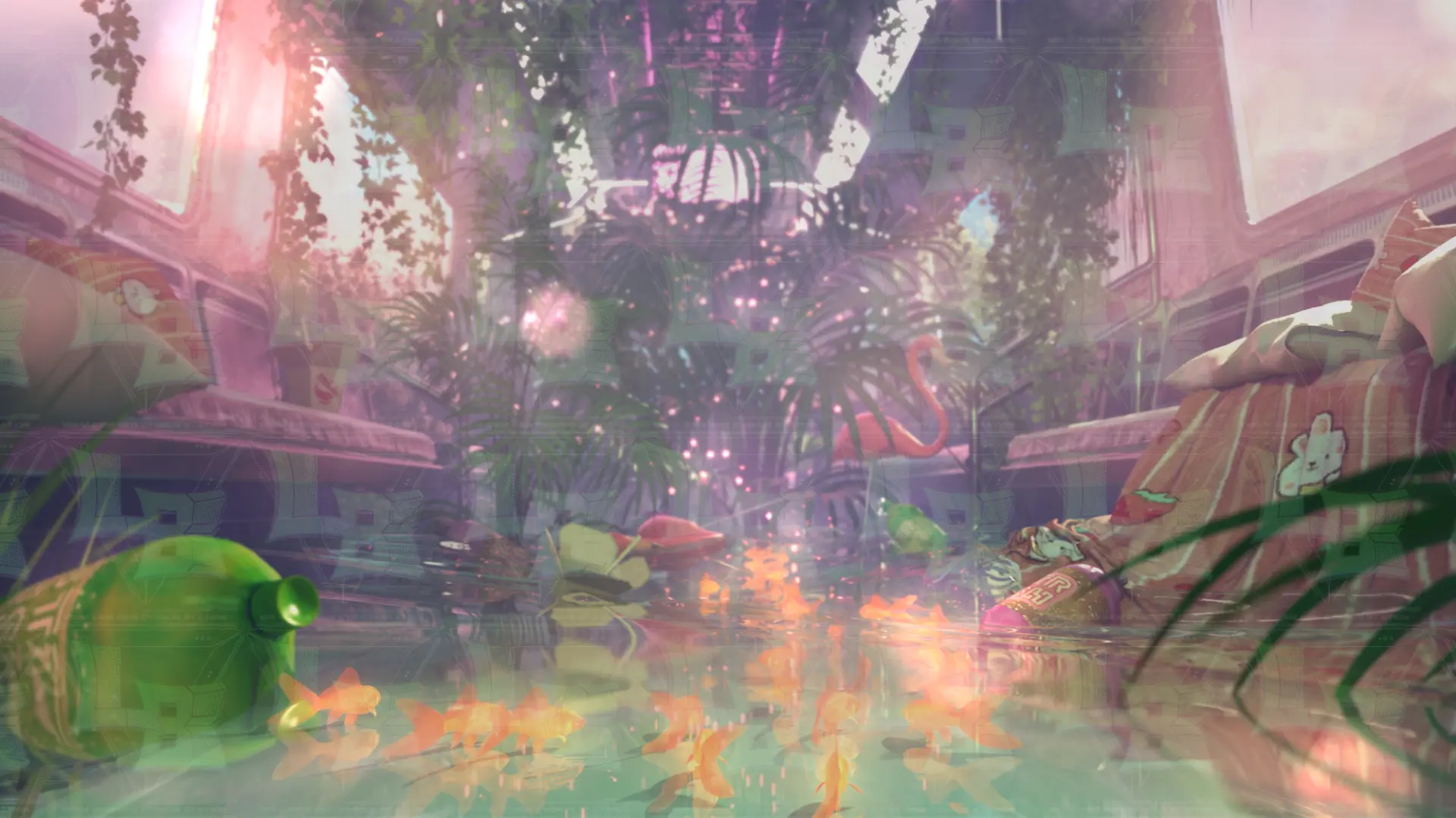 Abandoned train carriage overtaken by lush greenery, glowing light, and colorful fish in a surreal, peaceful scene.