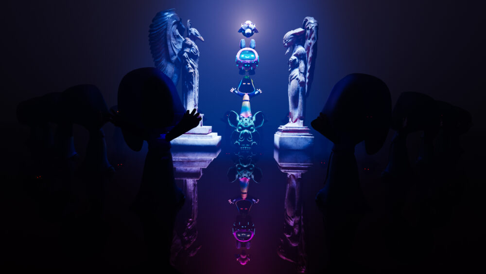 Futuristic neon sculpture with classical angel and female statues in surreal, reflective dreamscape scene.