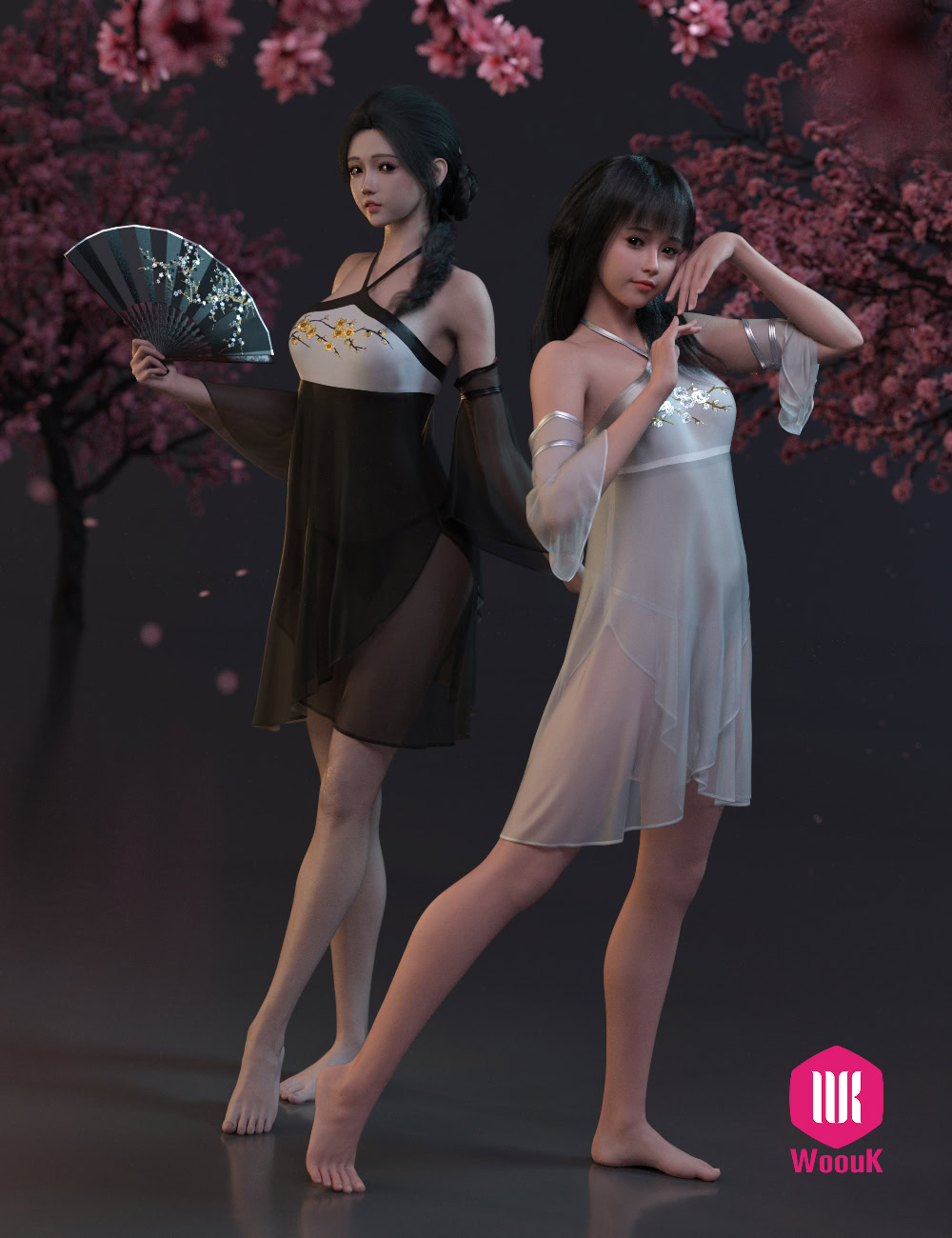 Elegant women in sheer dresses amidst dreamy cherry blossoms, blending romance and mystique.