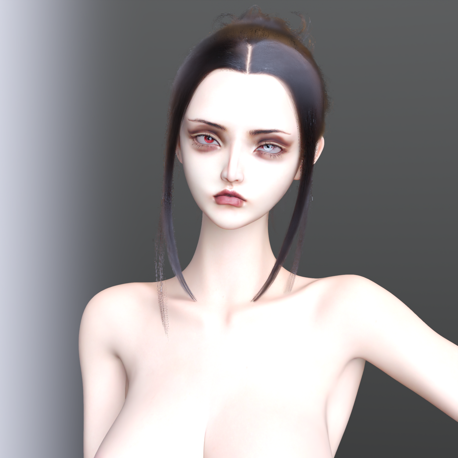 Digital portrait of ethereal porcelain-skinned woman with dark hair and contemplative expression.