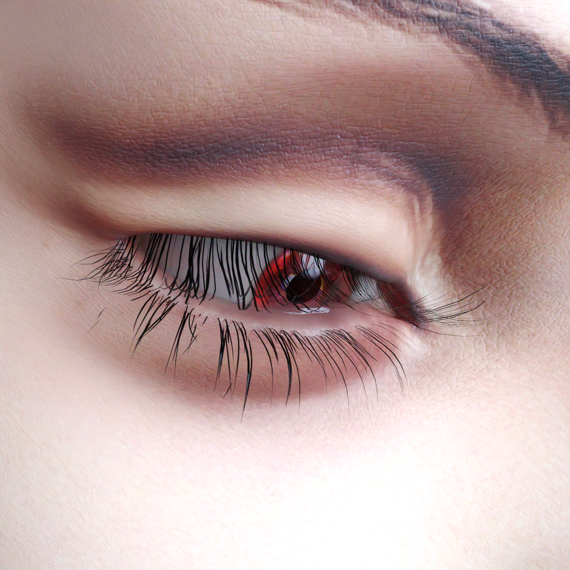 Close-up of a partially closed human eye with surreal red iris and detailed eyelashes.