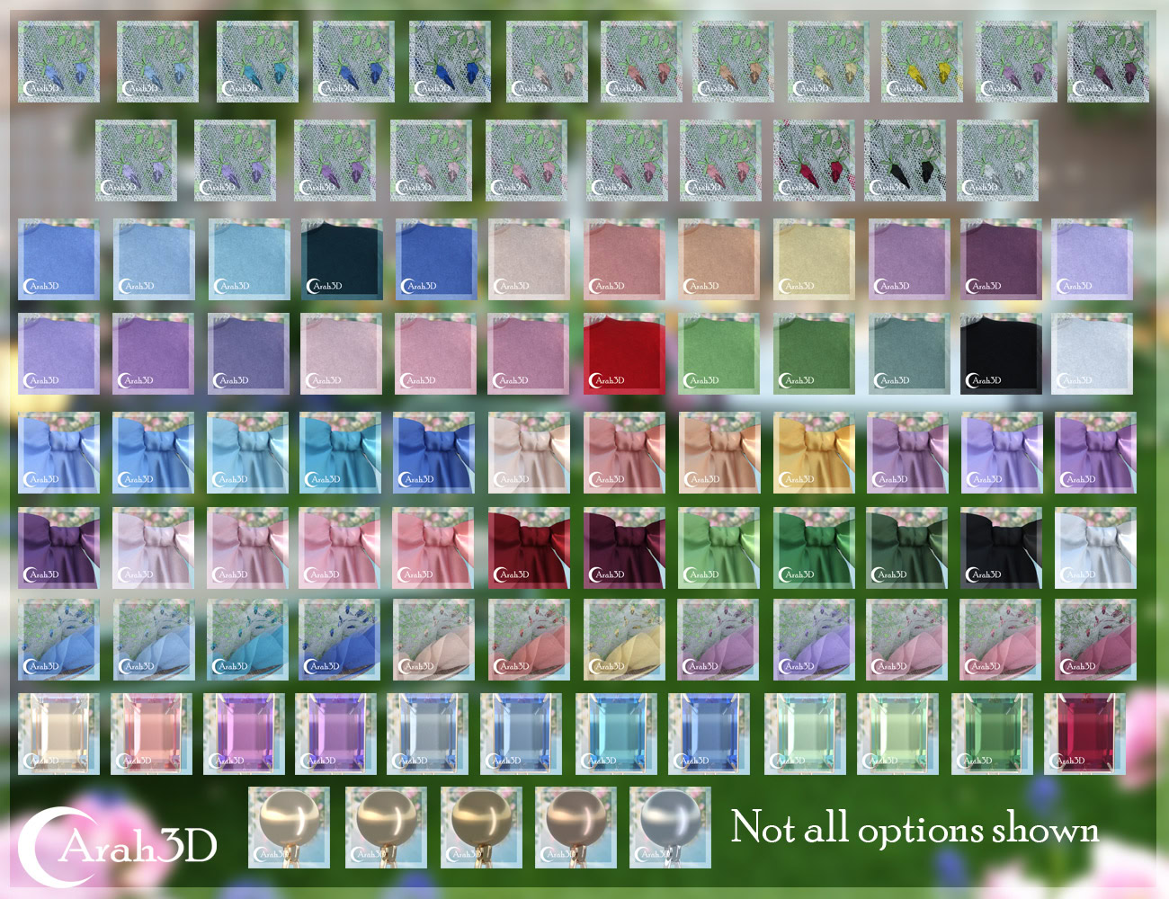 Digital fabric textures and dress materials in floral, solid, and metallic styles for 3D fashion design.