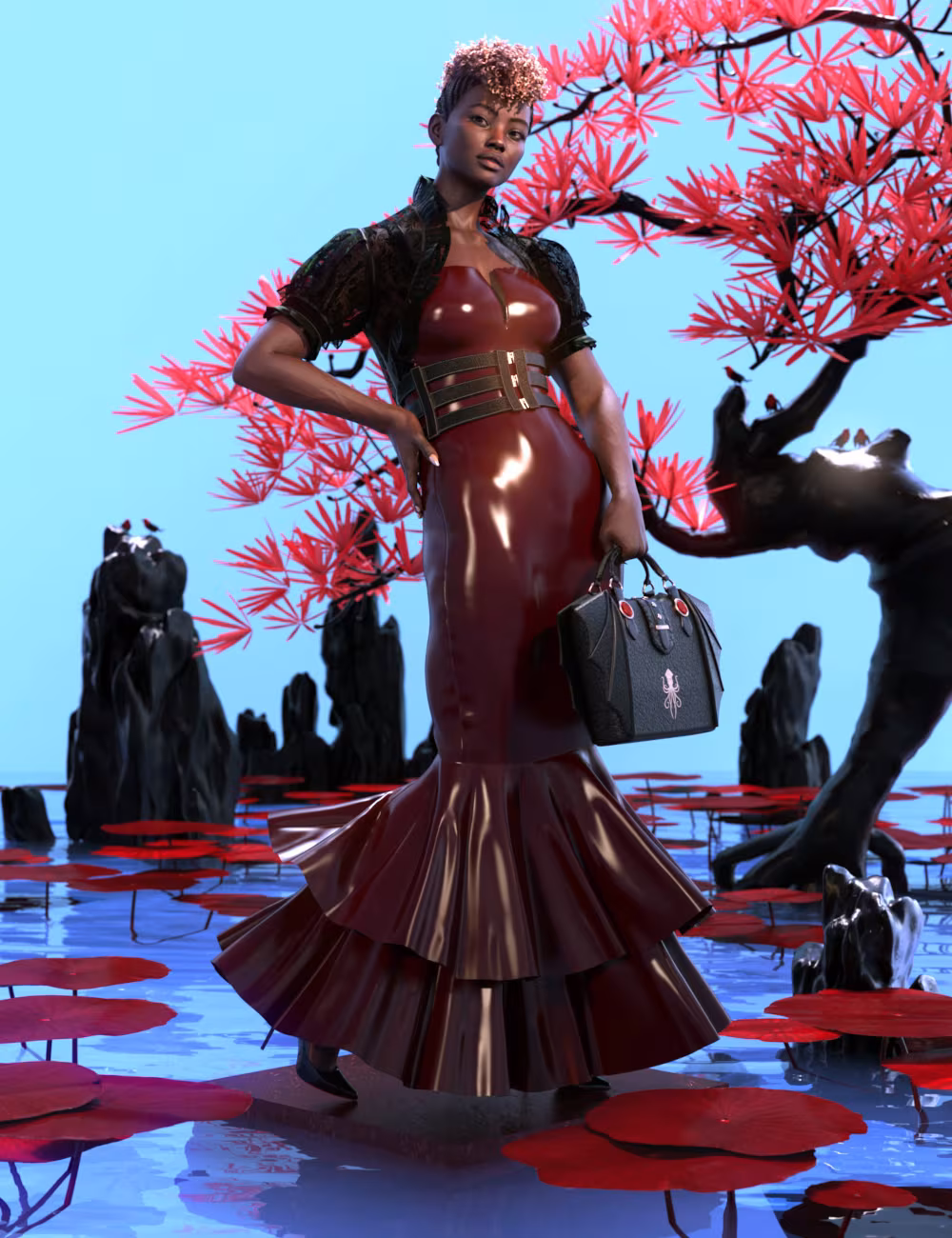 Futuristic fashion scene with a confident model in burgundy gown amidst surreal, reflective landscape.