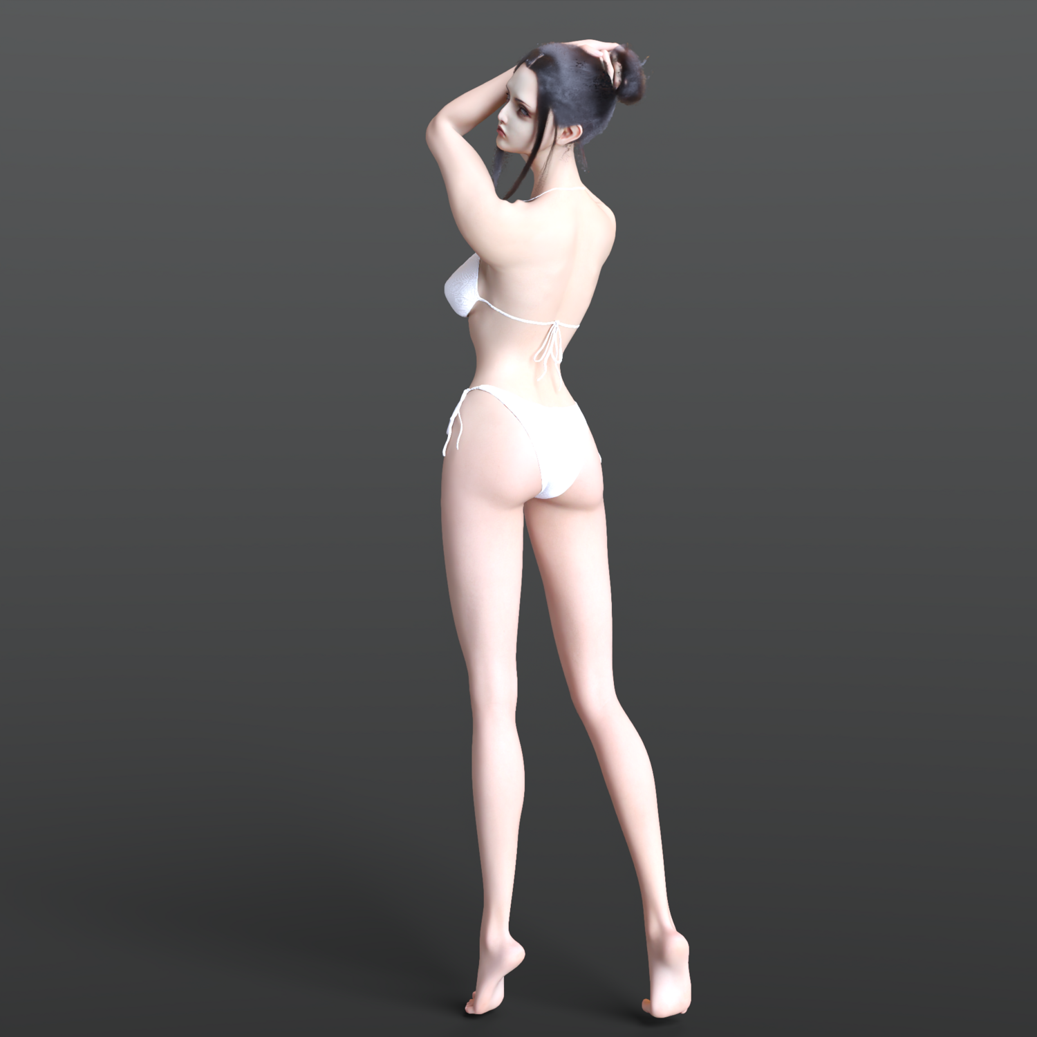 3D female model in sleek bikini, posing elegantly with hand through hair against gray background.