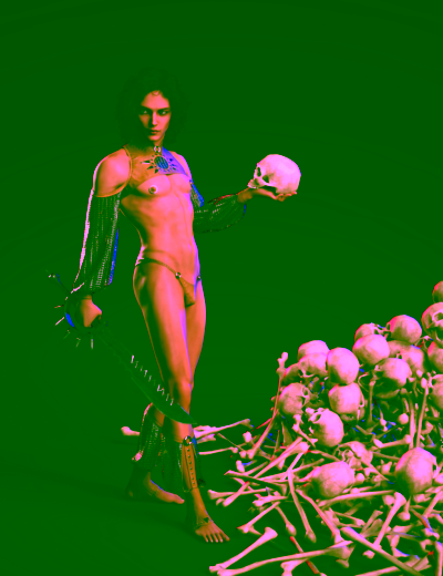 Fearless female warrior with skull, sword, and bones in a dark fantasy scene.