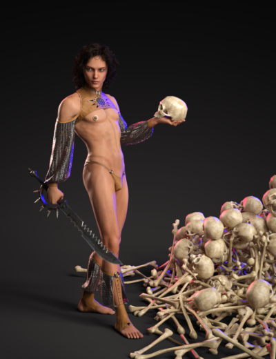 Fearless female warrior with skull, sword, and bones in a dark fantasy scene.