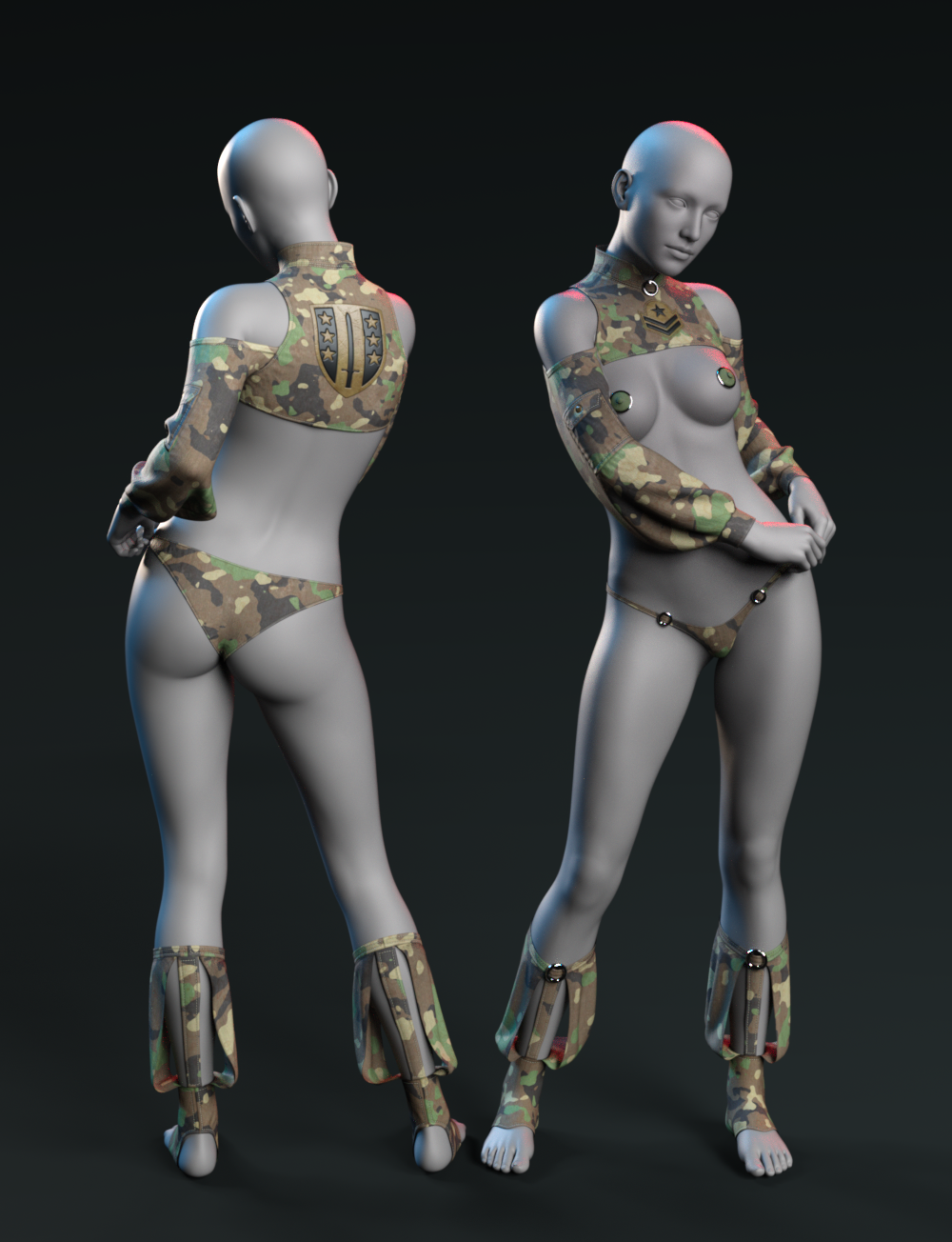 Futuristic cyberpunk military fashion model with camo patterns and metallic details in 3D render.