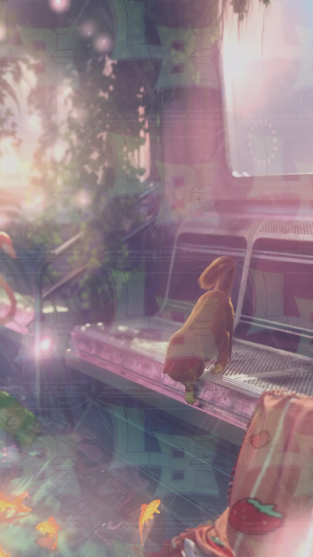 Orange cat exploring lush, reclaimed futuristic garden with metallic structures in dreamy, tranquil light.