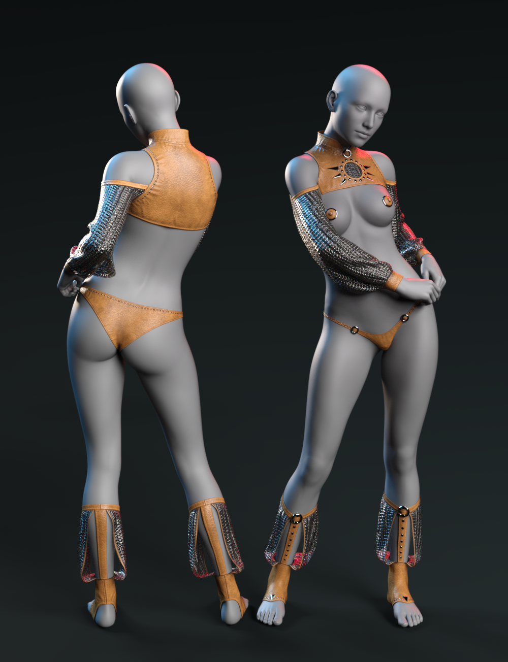 Futuristic cyborg figures in metallic armor and leather attire against a dark, cinematic background.