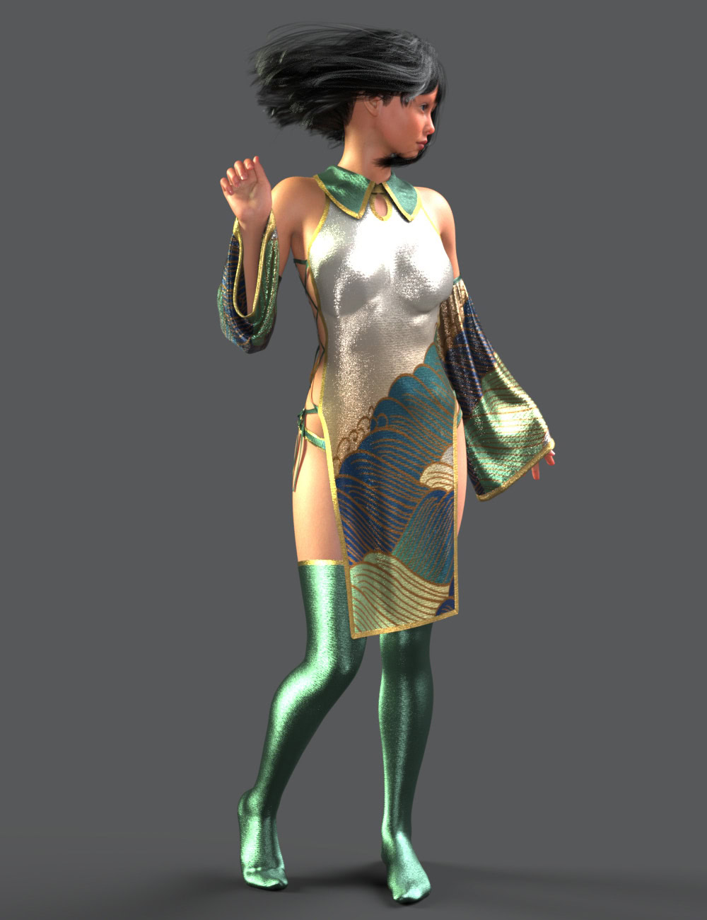 Futuristic digital portrait of a confident woman in iridescent gown and metallic green thigh-high boots.