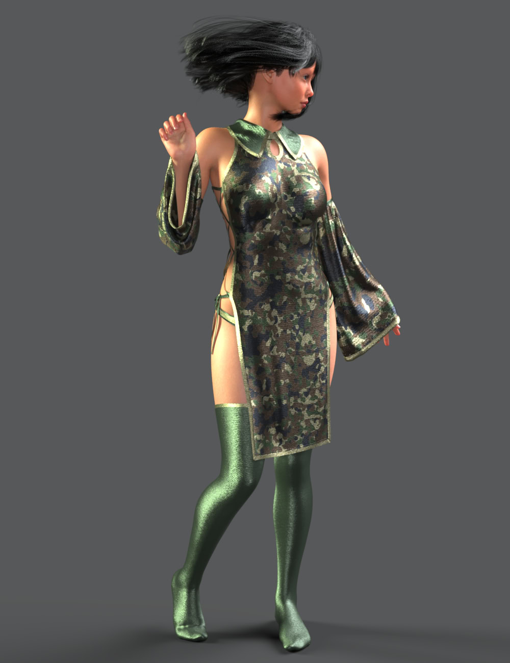 Futuristic digital woman in metallic outfit and thigh-high boots, striking a confident, dynamic pose.