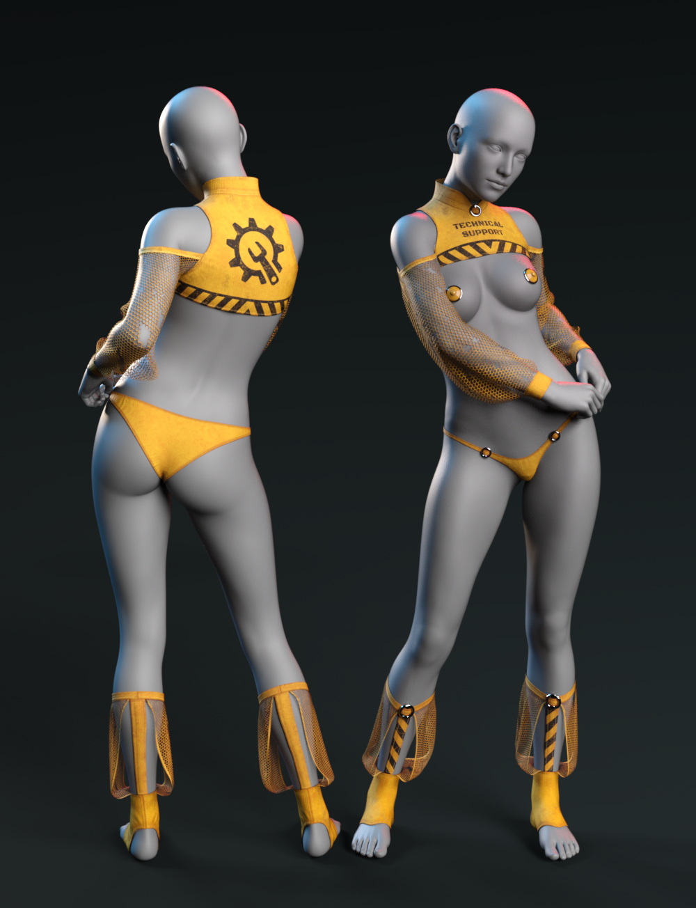 Futuristic humanoid fashion with orange and yellow high-tech, industrial-inspired outfit and sleek digital design.
