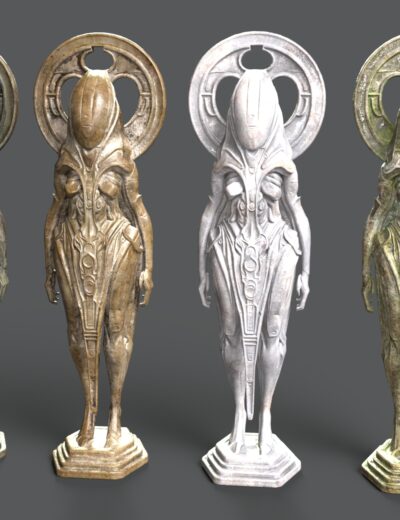 Futuristic humanoid statues with metallic finishes and divine, robotic, alien-inspired designs.